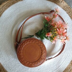 Brown Faux Leather Circle Crossbody Adjustable Strap Purse Tassel Zipper